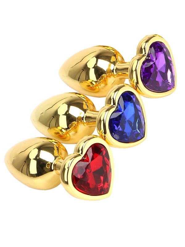 Kalp Mücevherli Çelik Gold Anal Plug 3'lü Set